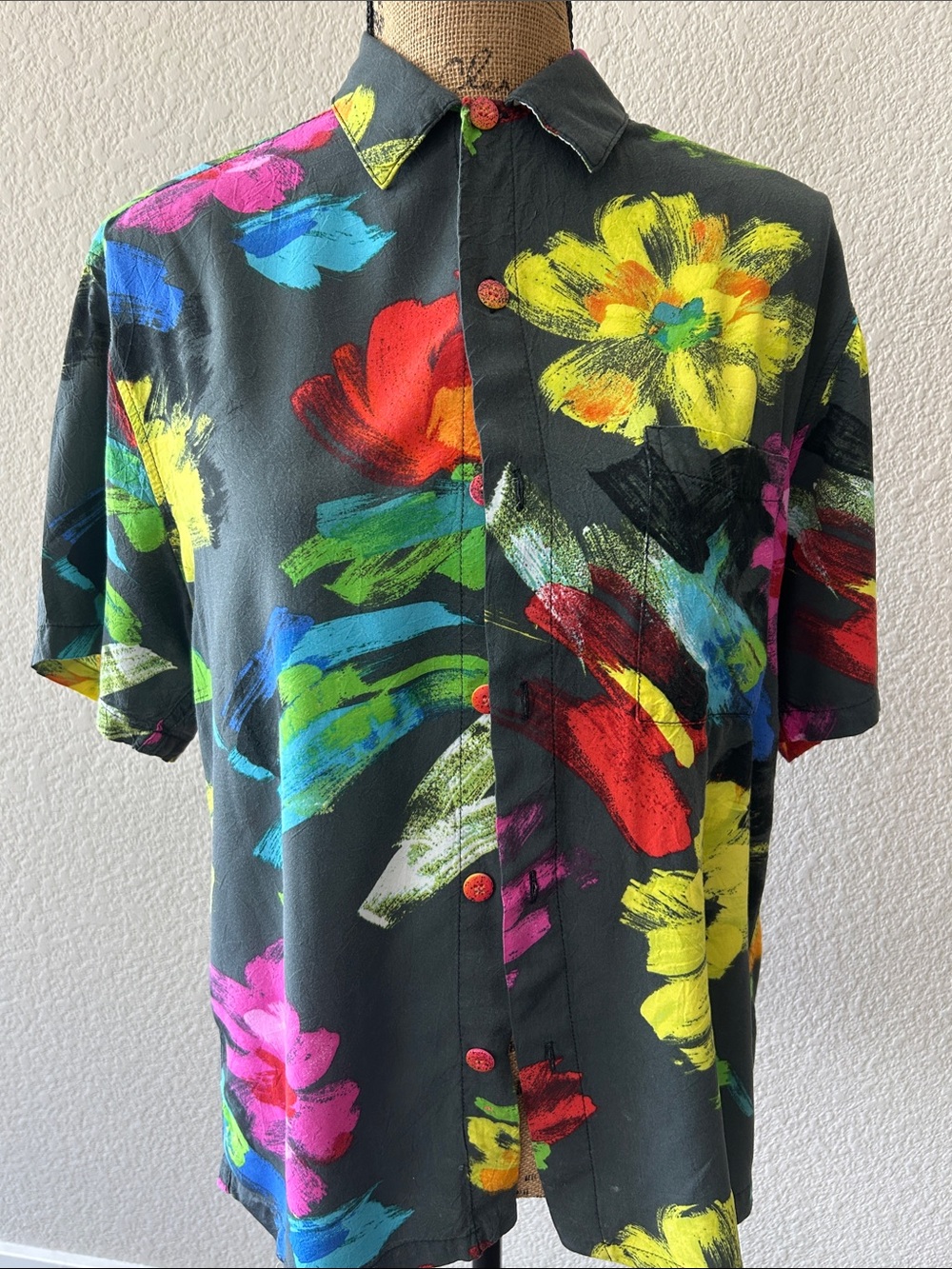 Jams World Black Short-Sleeve Button-Down with Neon Floral Brushstrokes